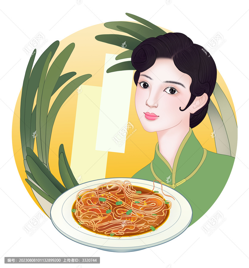 葱油酱葱油面民国美女标签插画