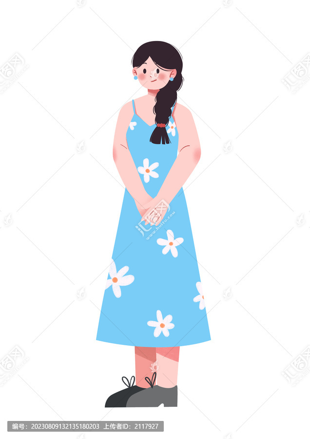 扁平肌理人物藍(lán)色吊帶裙女孩