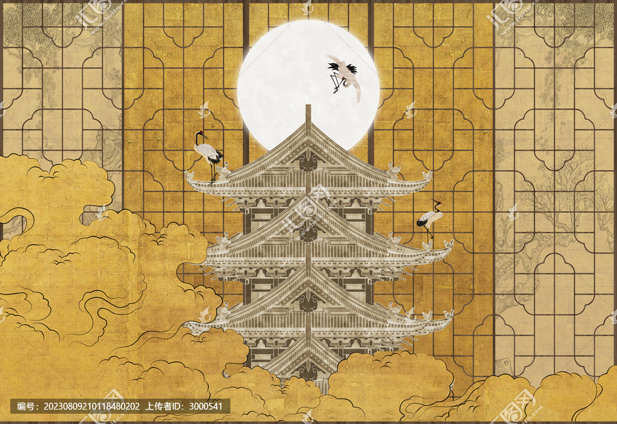 寫意花格建筑祥云背景墻