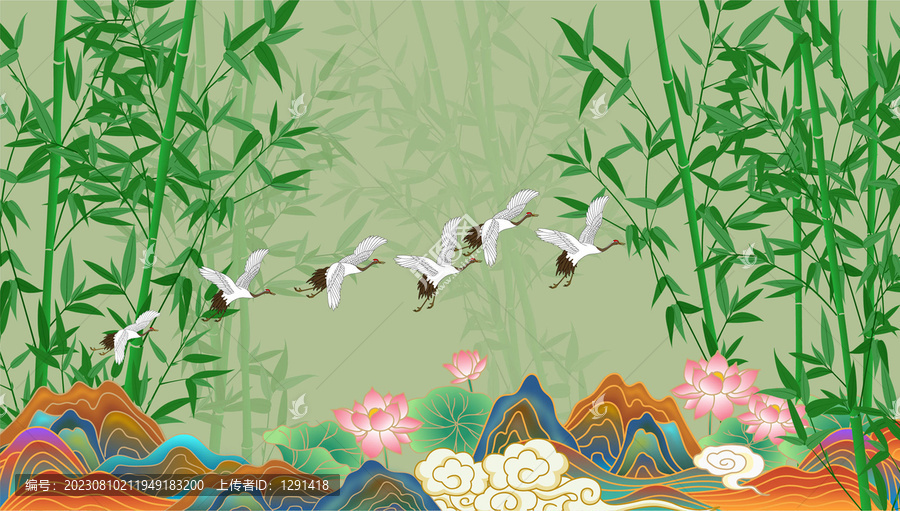 竹林仙鶴山水插畫