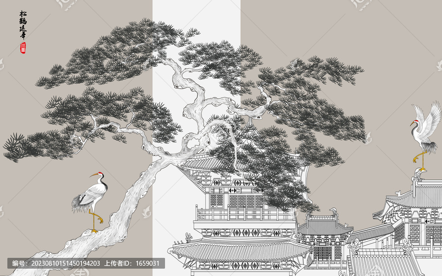 高端古典閣樓迎客松壁畫(huà)