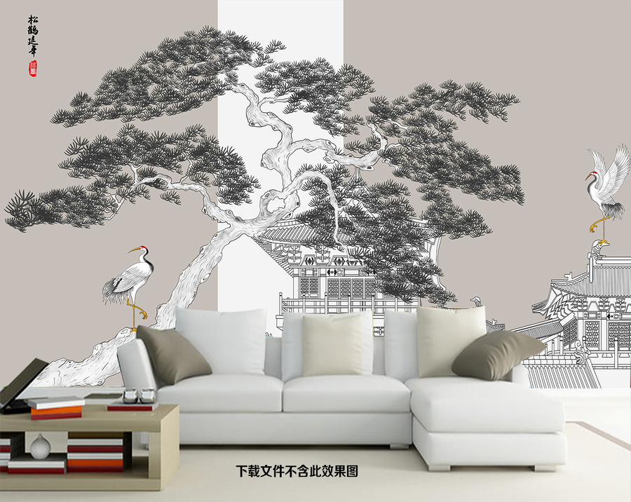 高端古典閣樓迎客松壁畫(huà)