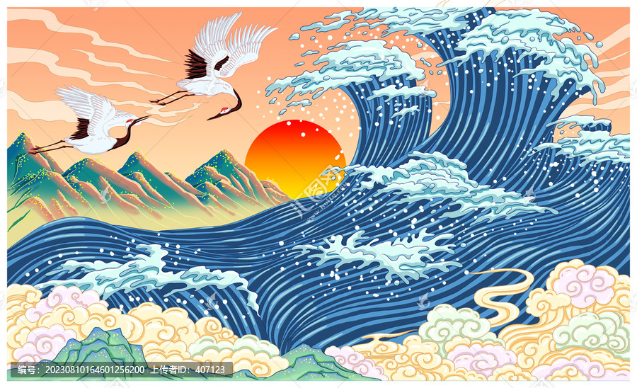 仙鶴海浪古風(fēng)國潮山水畫