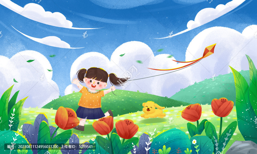 夏日兒童郊外游玩兒童插畫展板