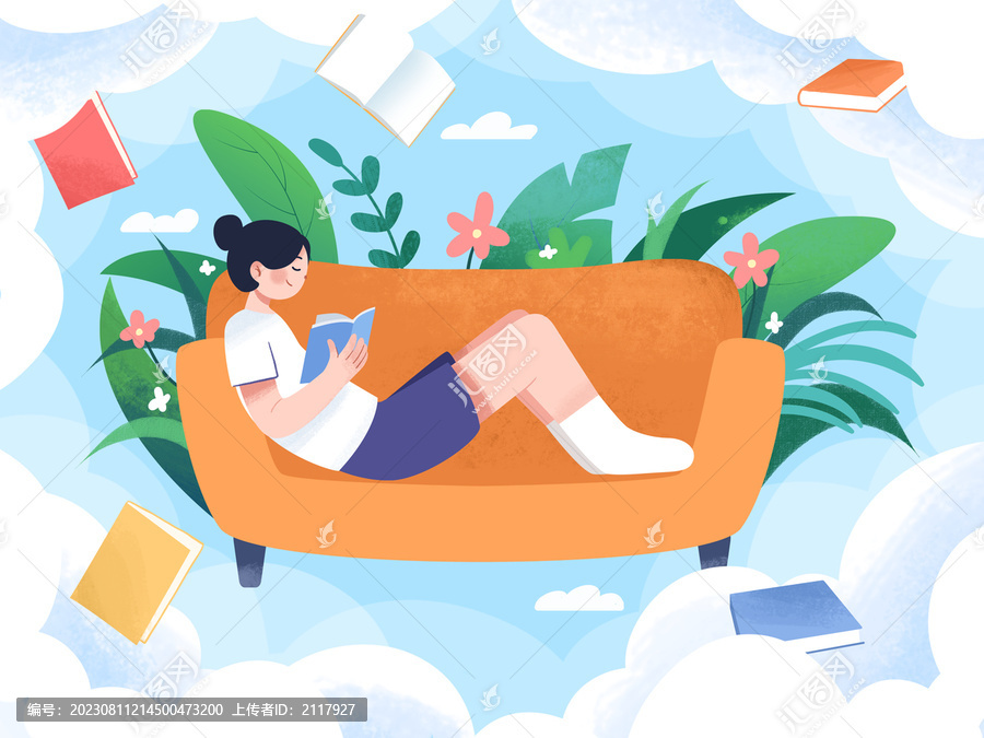 教育讀書女孩躺著沙發(fā)上讀書