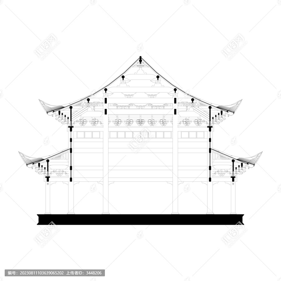 重檐大木作正剖面线稿图