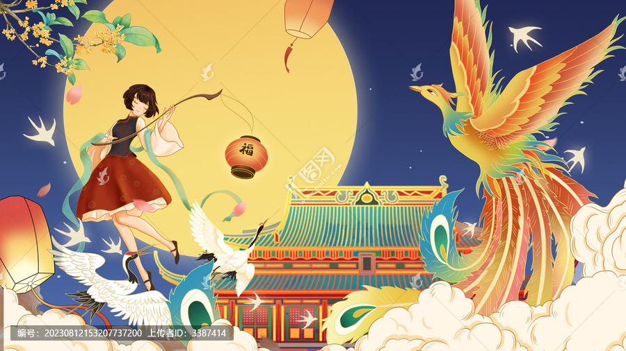 國風中秋鳳凰朱雀月餅包裝插畫