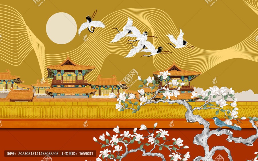 故宮紅墻古建筑花鳥背景墻