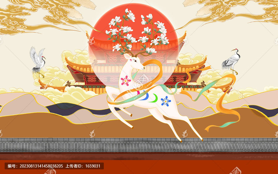 紅墻麋鹿古建筑祥云