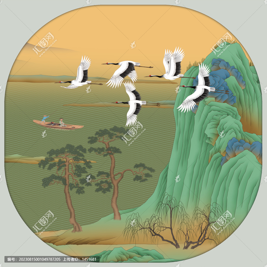 青綠山水畫仙鶴鏡心