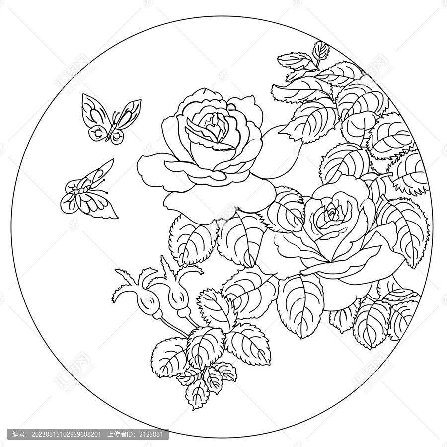 蝴蝶花卉國潮白描線稿矢量手繪