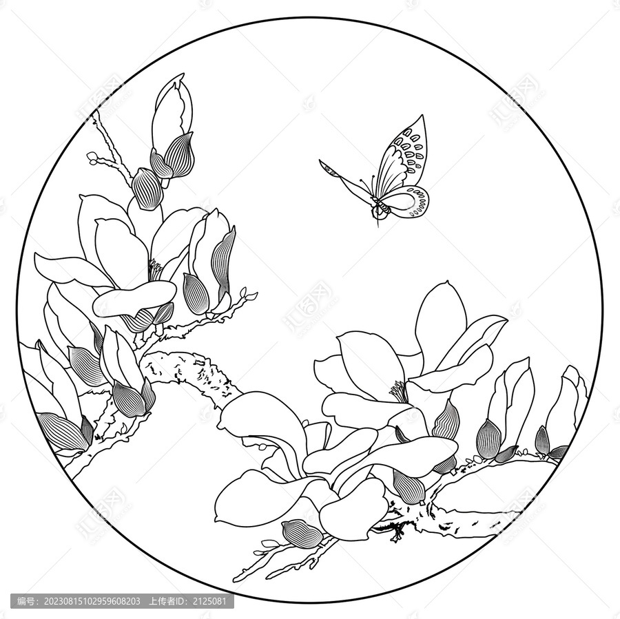 玉蘭蝴蝶國潮矢量手繪白描線稿
