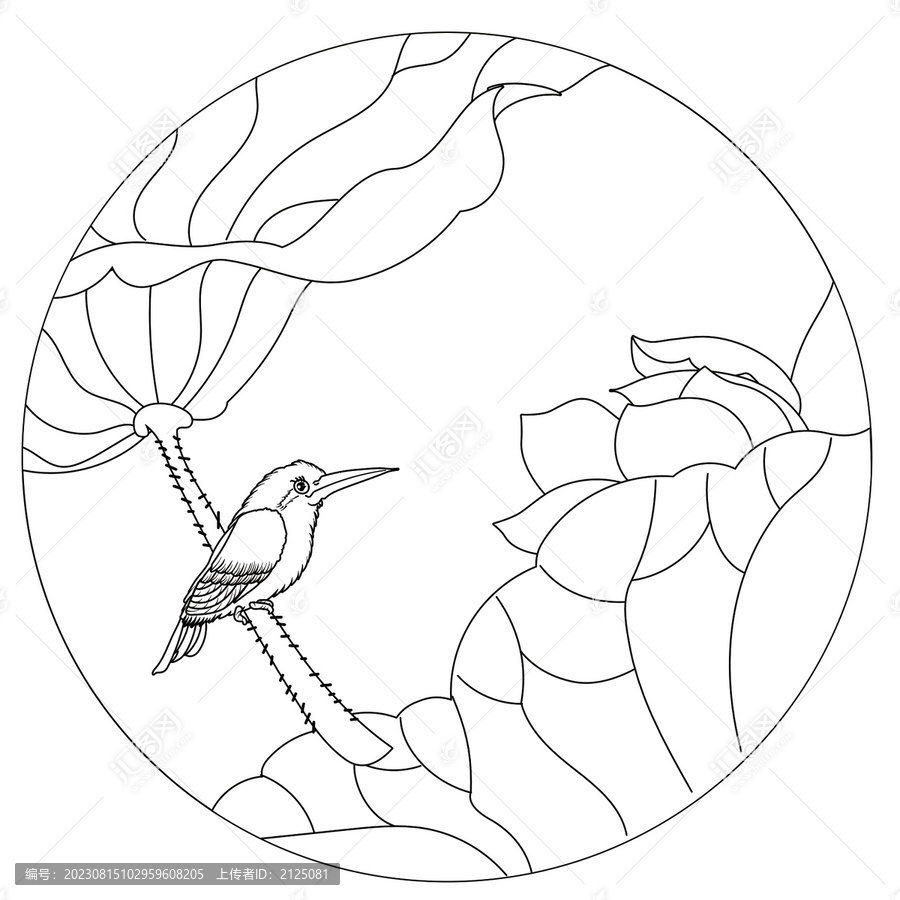 翠鳥荷塘白描線稿國潮矢量手繪