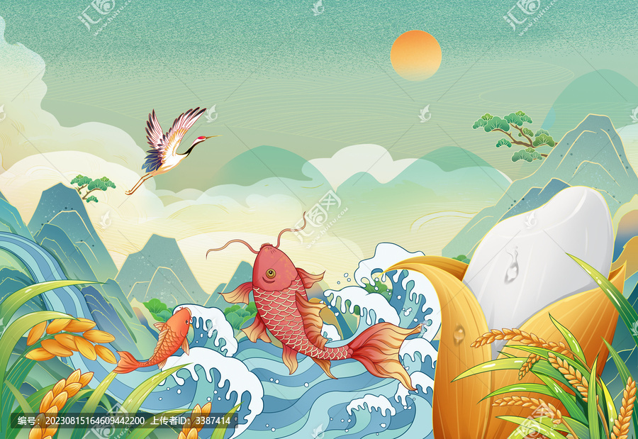 國風(fēng)錦鯉大米手繪插畫