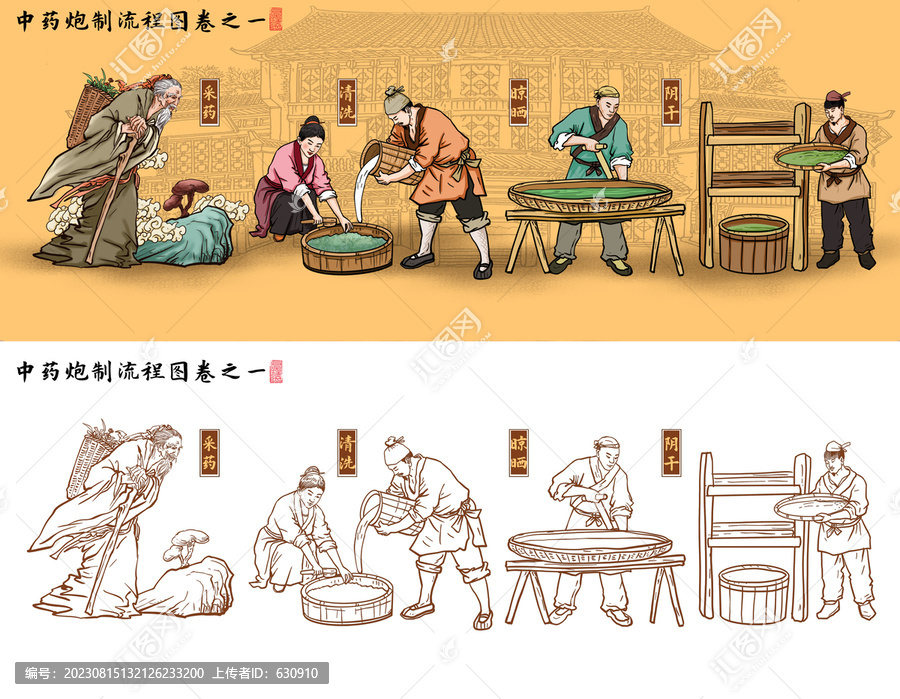 中藥炮制流程圖插畫