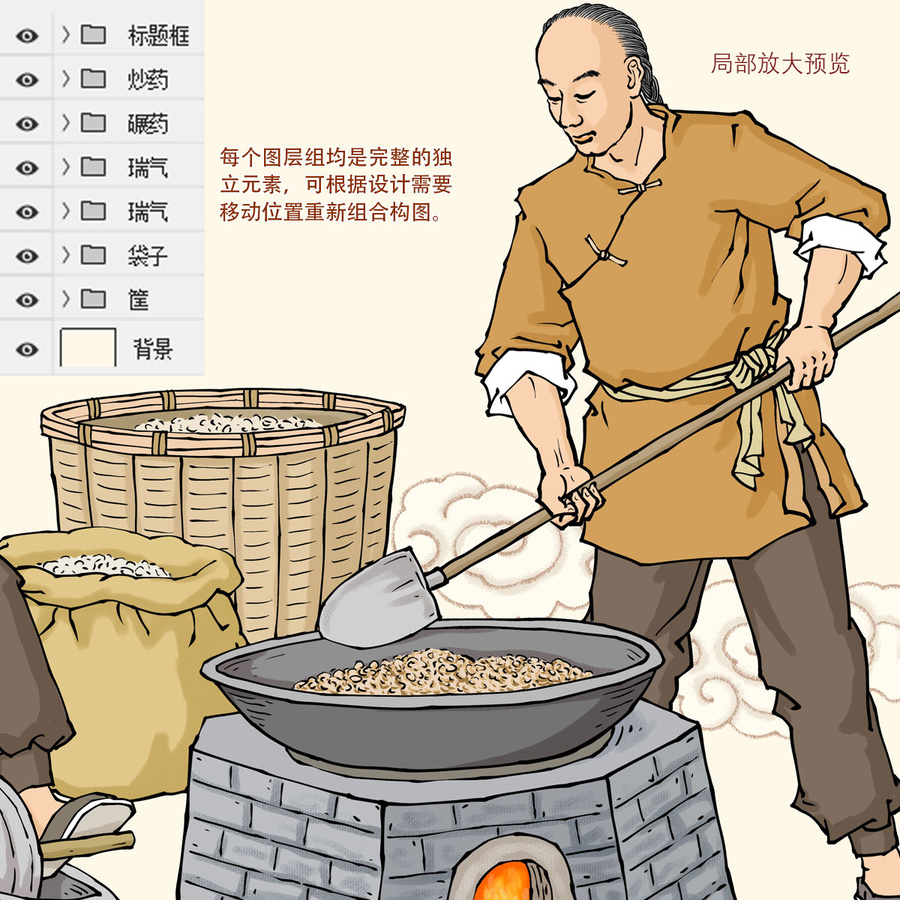 傳統(tǒng)中醫(yī)藥材加工插畫(huà)