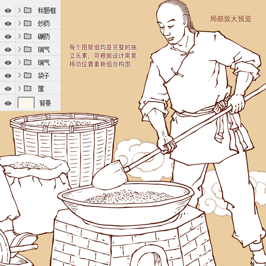 傳統(tǒng)中醫(yī)藥材加工插畫線描版