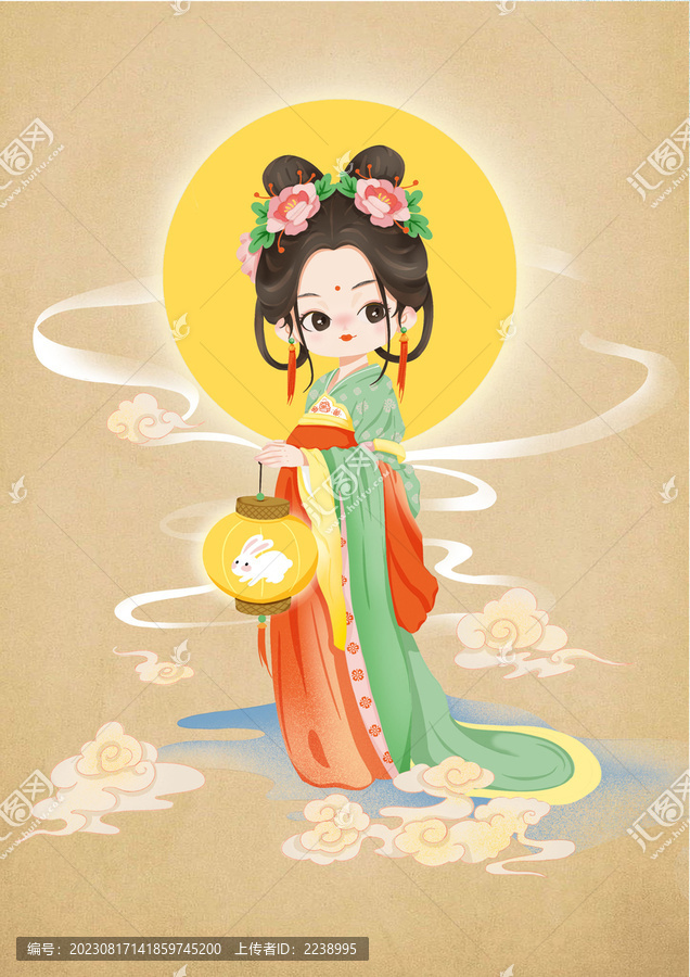中秋古風(fēng)Q版卡通嫦娥插畫(huà)
