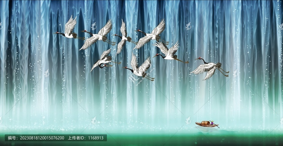 招財流水仙鶴瀑布裝飾畫
