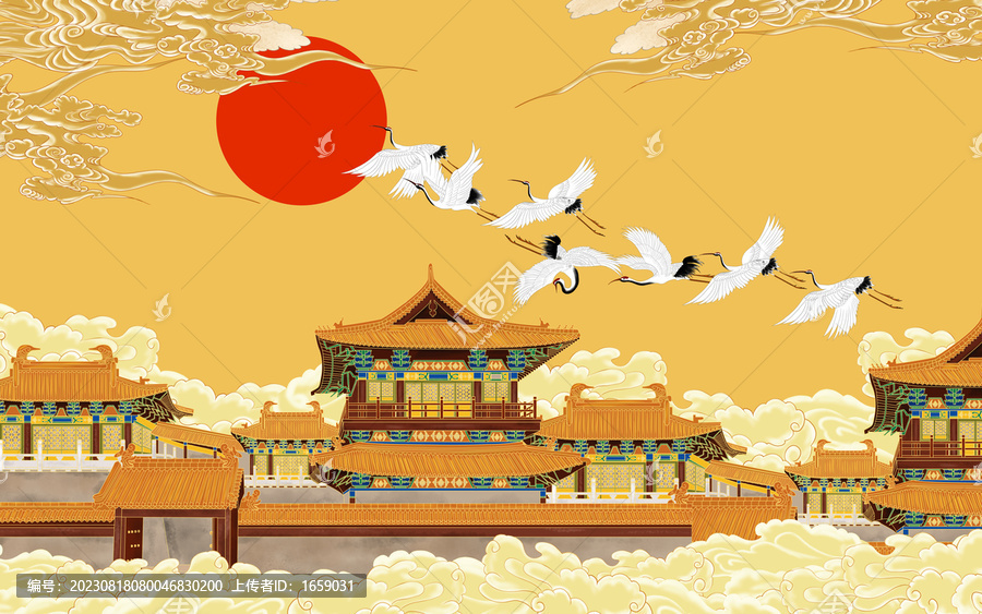 皇宮大氣仙鶴宮廷畫背景墻高端