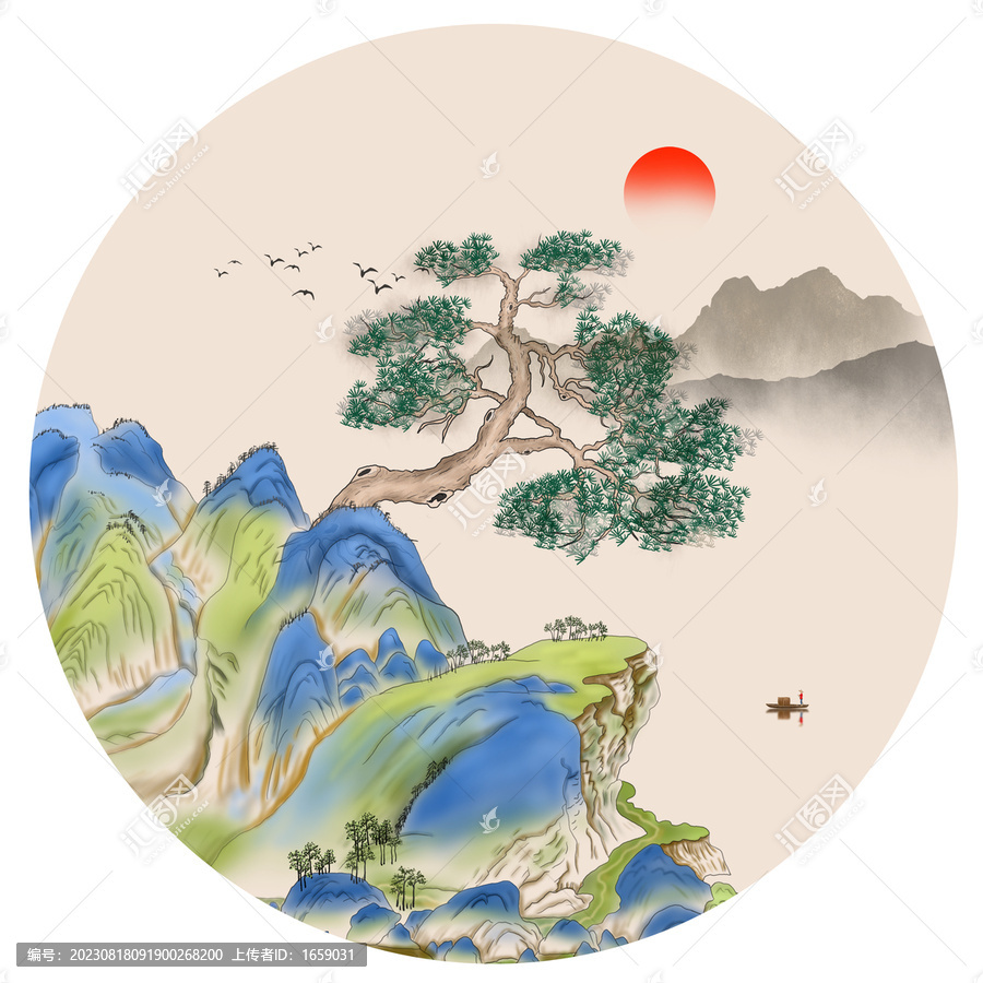 圓形復(fù)古傳統(tǒng)山水