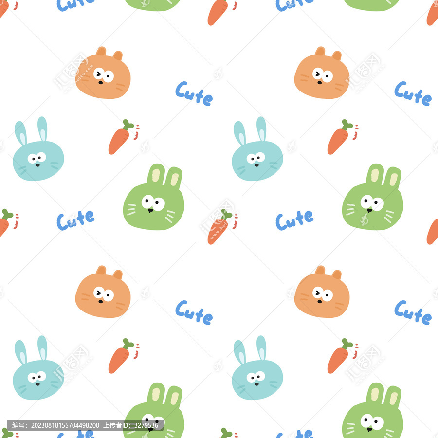 卡通手绘兔子印花图案四方连续