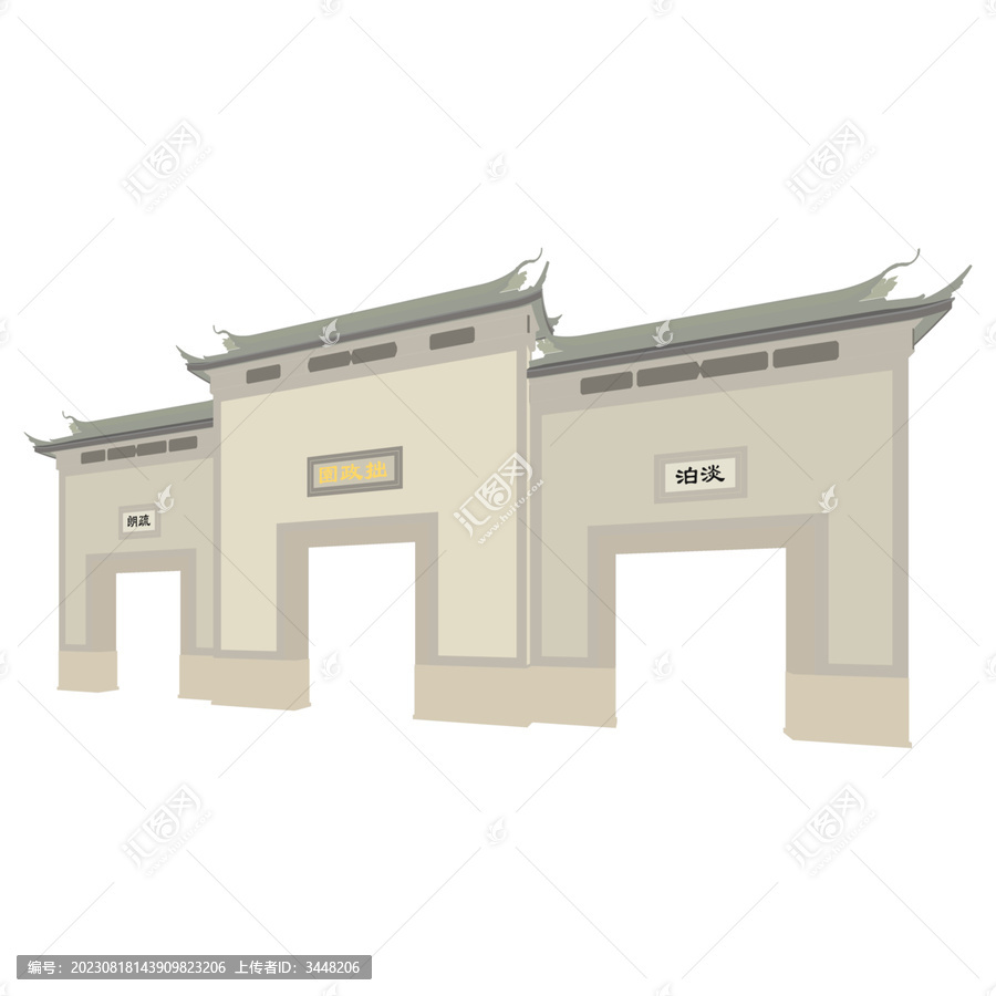 拙政園大門軸測插畫圖