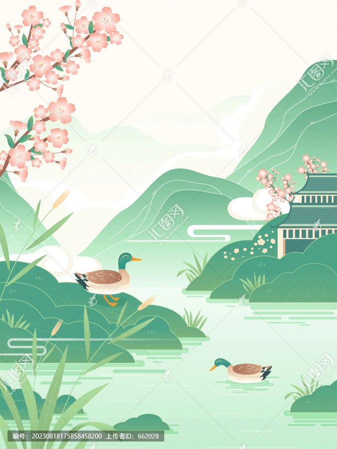 中國風山水庭院湖面青頭鴨