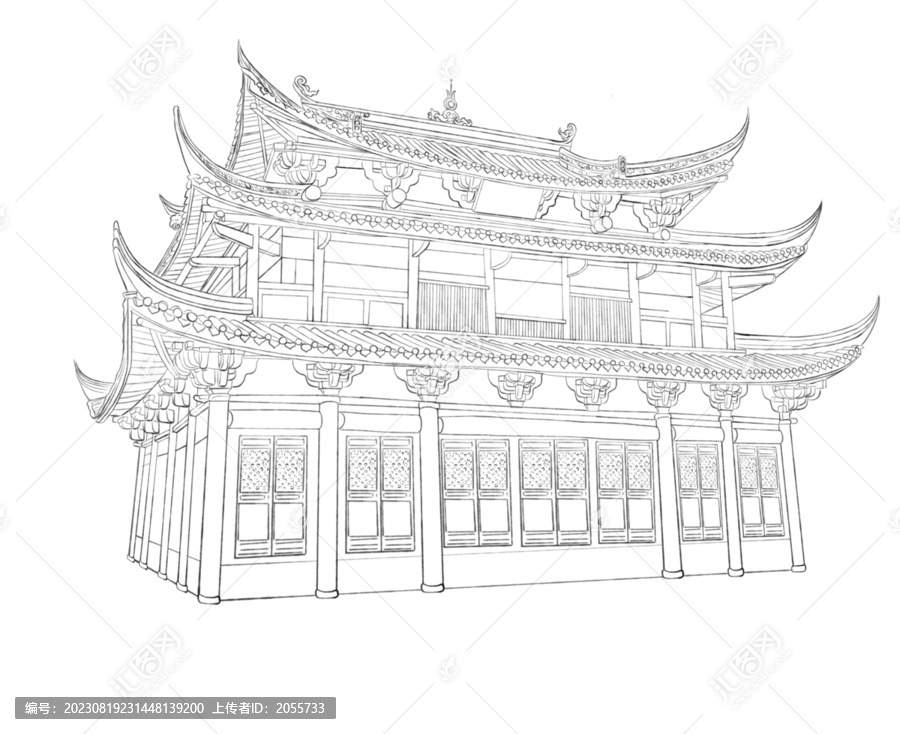 古代建筑白描線稿