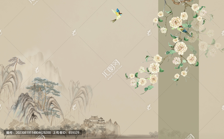 大型新中式花鳥背景墻