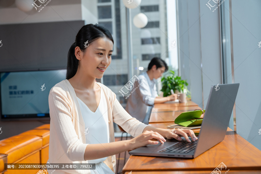 两个年轻人使用电脑专心工作
