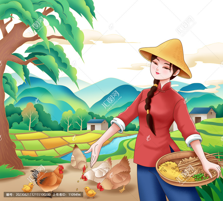 農(nóng)家少女喂雞田園插畫