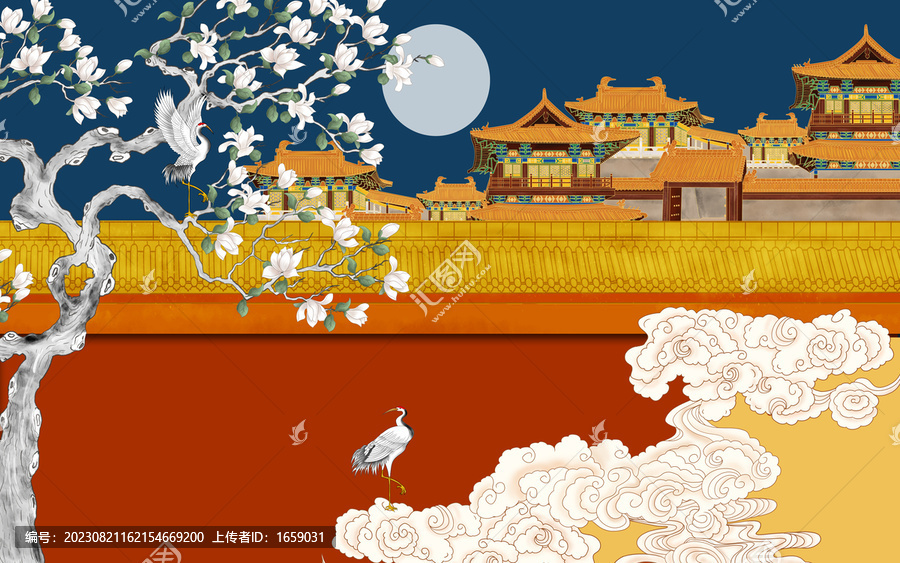 紅墻閣樓祥云花鳥