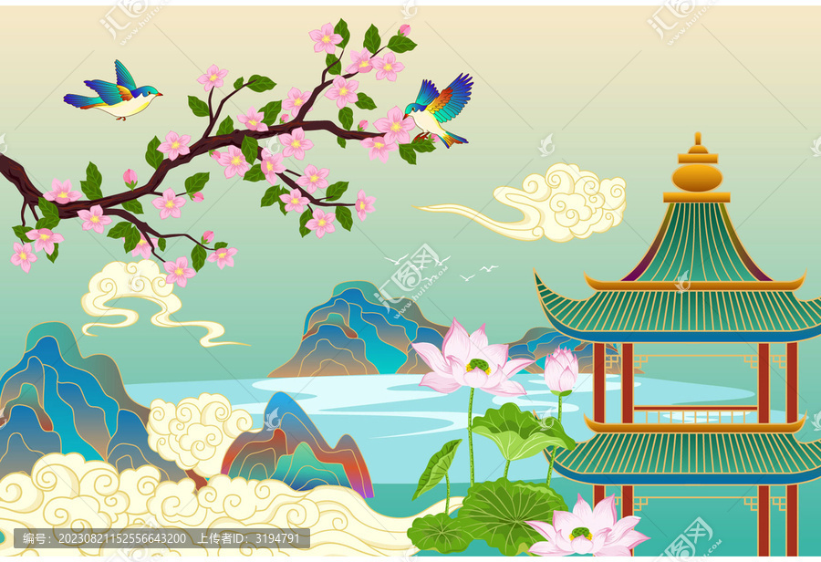 花鳥亭臺山水矢量插畫
