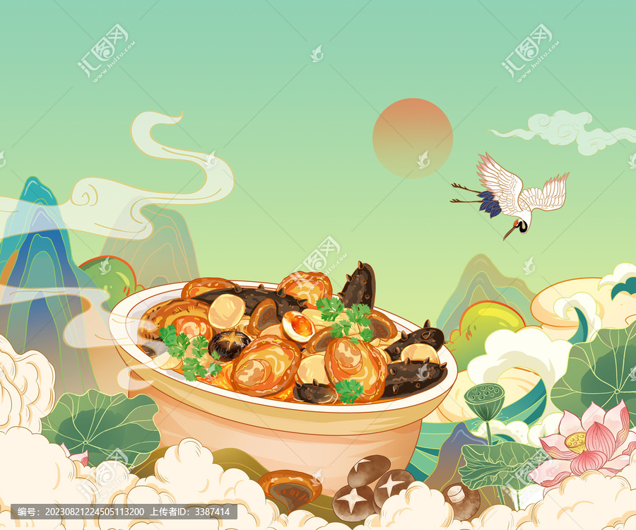 國風(fēng)山珍海味佛跳墻手繪插畫