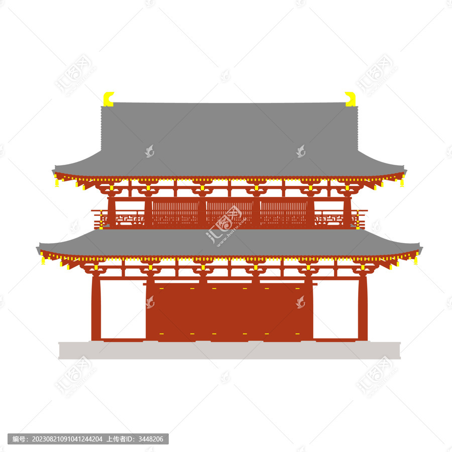 日式五間樓閣正立面插畫圖