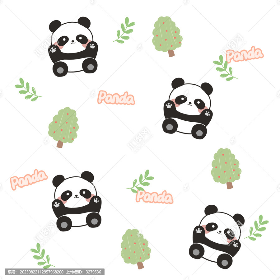 卡通熊貓小樹印花圖案