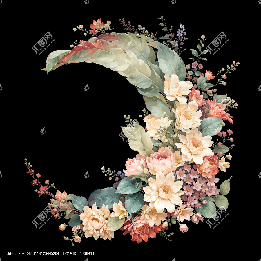 花卉構(gòu)成月牙裝飾畫