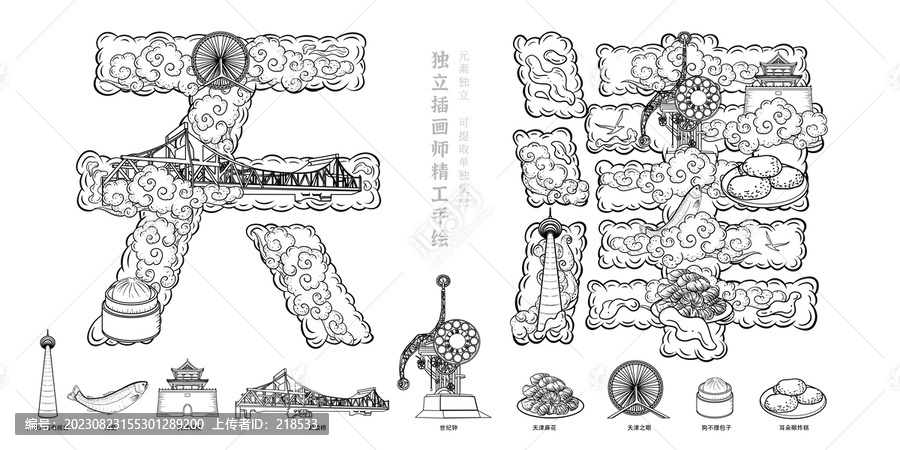河北天津城市旅游明信片插畫