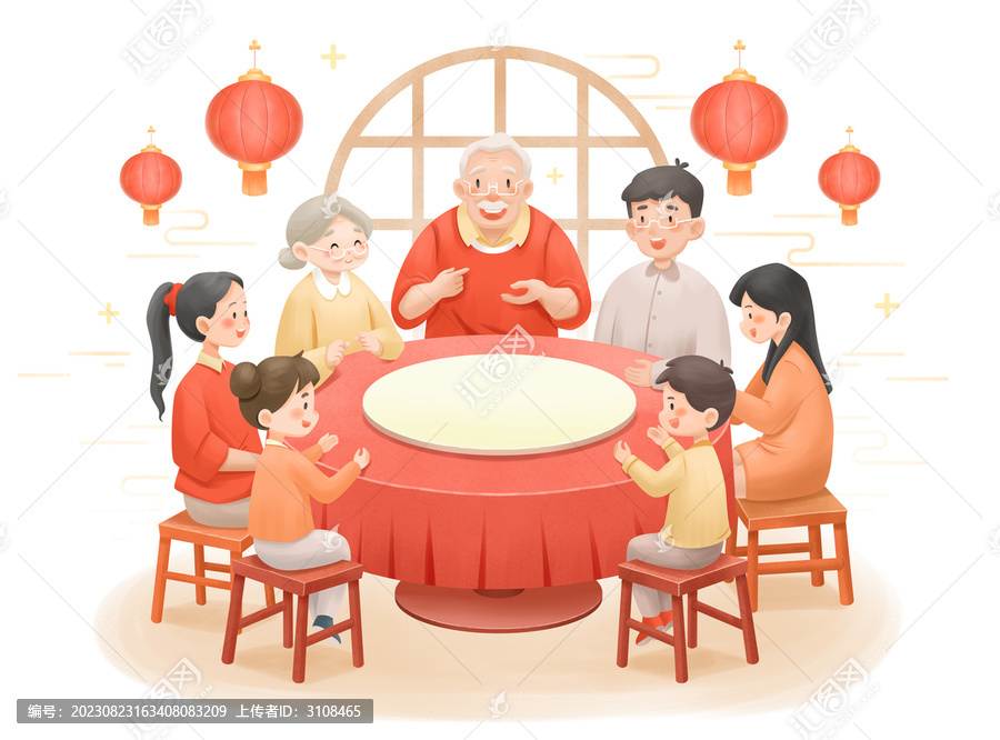 一家人坐在一張圓桌上聚餐過