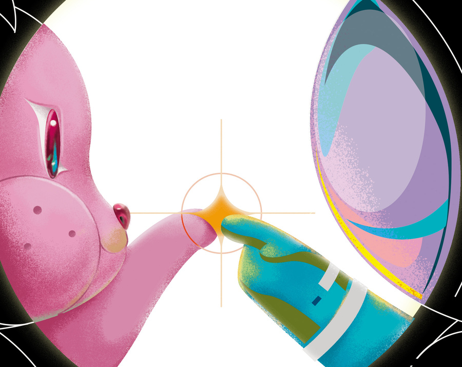 粉兔子和宇航員手繪插畫