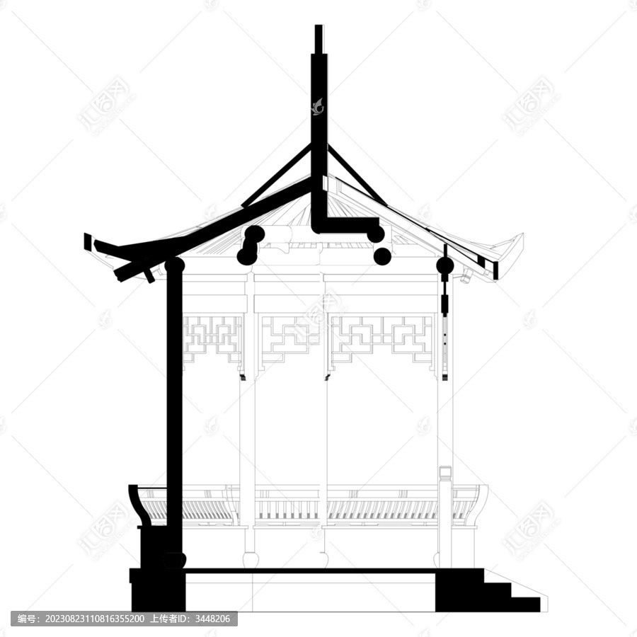 六角亭剖面線稿圖