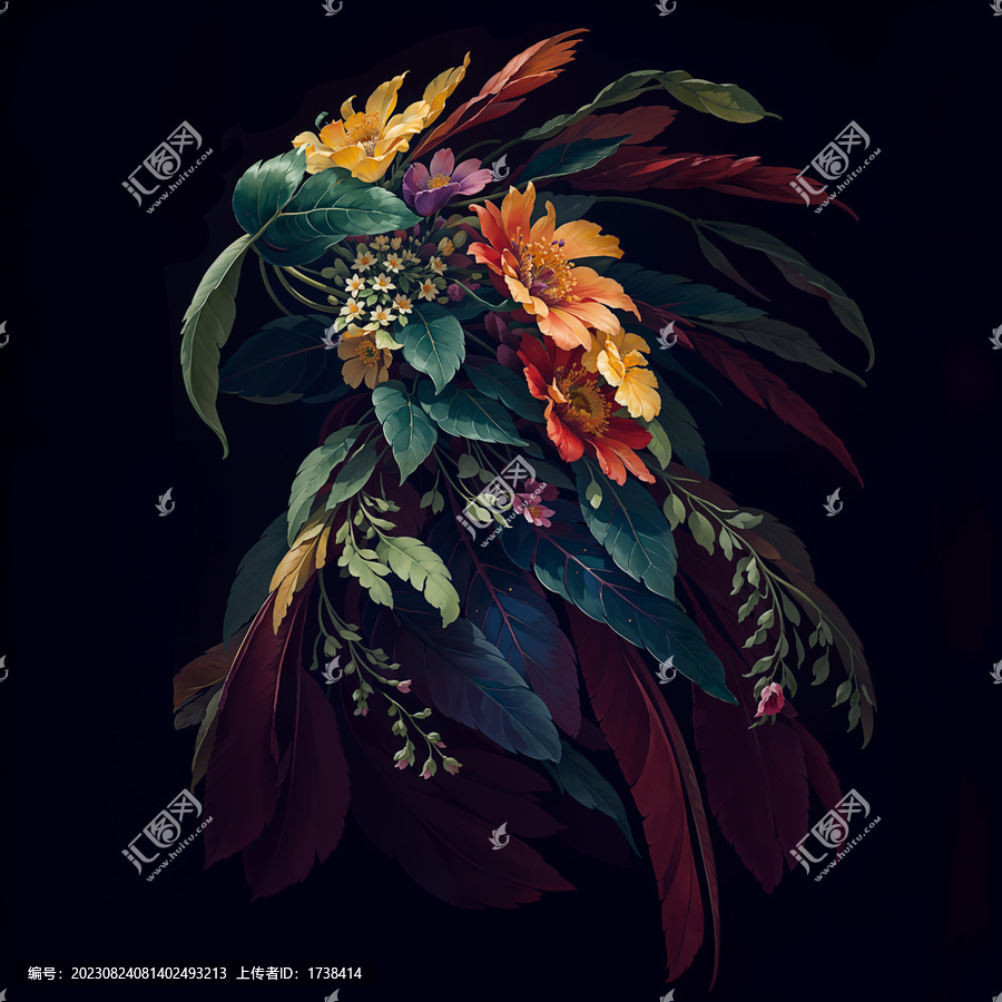 花卉構(gòu)成鸚鵡裝飾畫