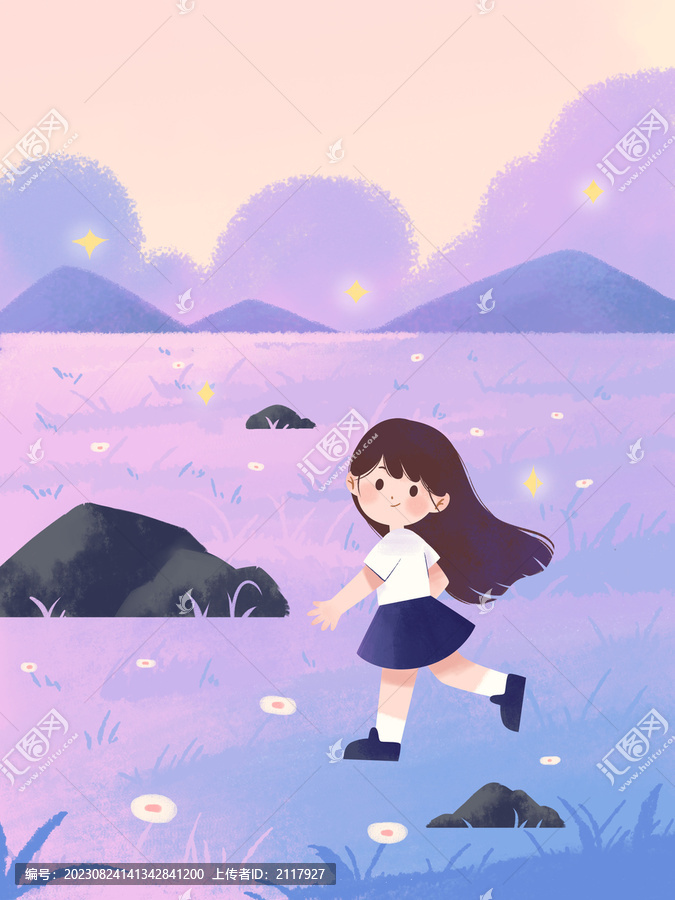 紫色治愈小女孩在草地上吹風(fēng)