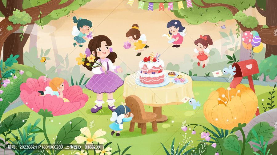 女孩和精靈一起過生日聚會(huì)插畫
