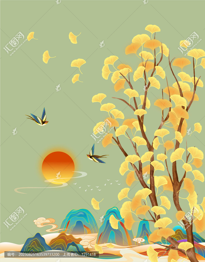 國潮銀杏山水插畫