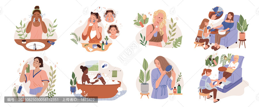 扁平風(fēng)愛自己插畫集合,女人休息與保養(yǎng)日常
