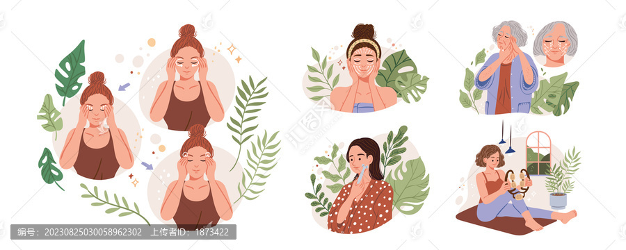 精致女人愛自己局部按摩與拉提日常插畫集合