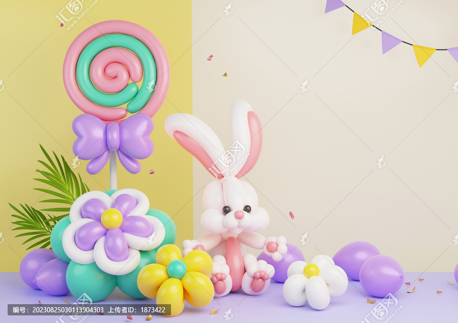 浅黄米色背景前的棒棒糖花卉与兔子造型气球