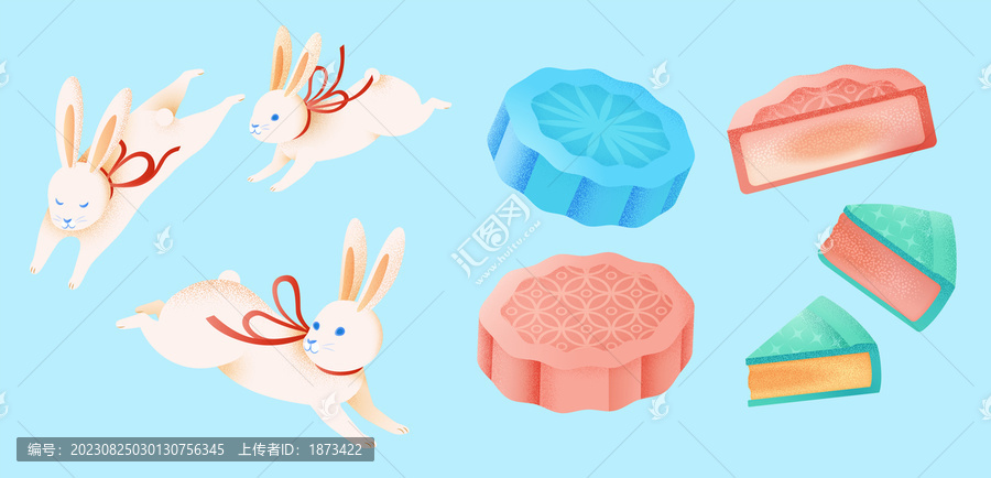 唯美中秋元素集合,跳躍的玉兔與彩色月餅